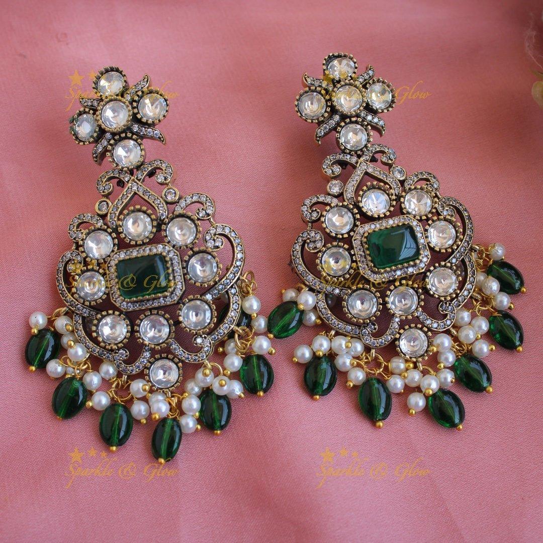 Elegant Peacock floral design Victorian AD choker with green beads and stones - Sparkle and Glow