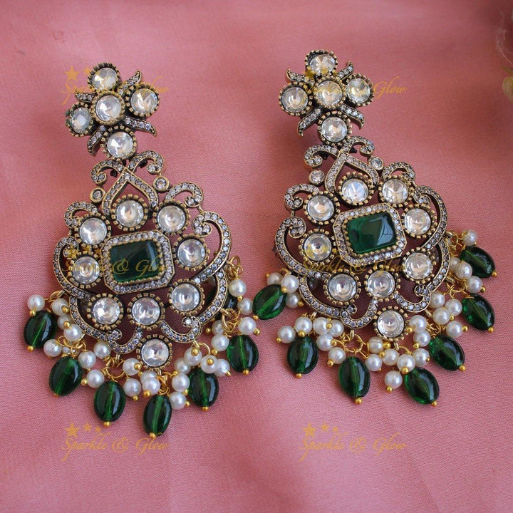 Elegant Peacock floral design Victorian AD choker with green beads and stones - Sparkle and Glow