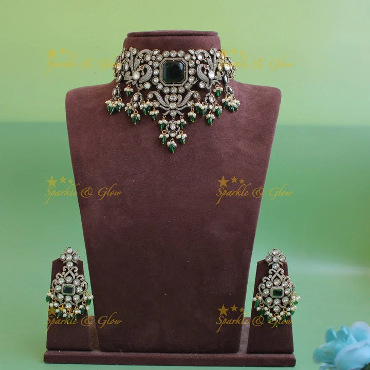 Elegant Peacock floral design Victorian AD choker with green beads and stones - Sparkle and Glow