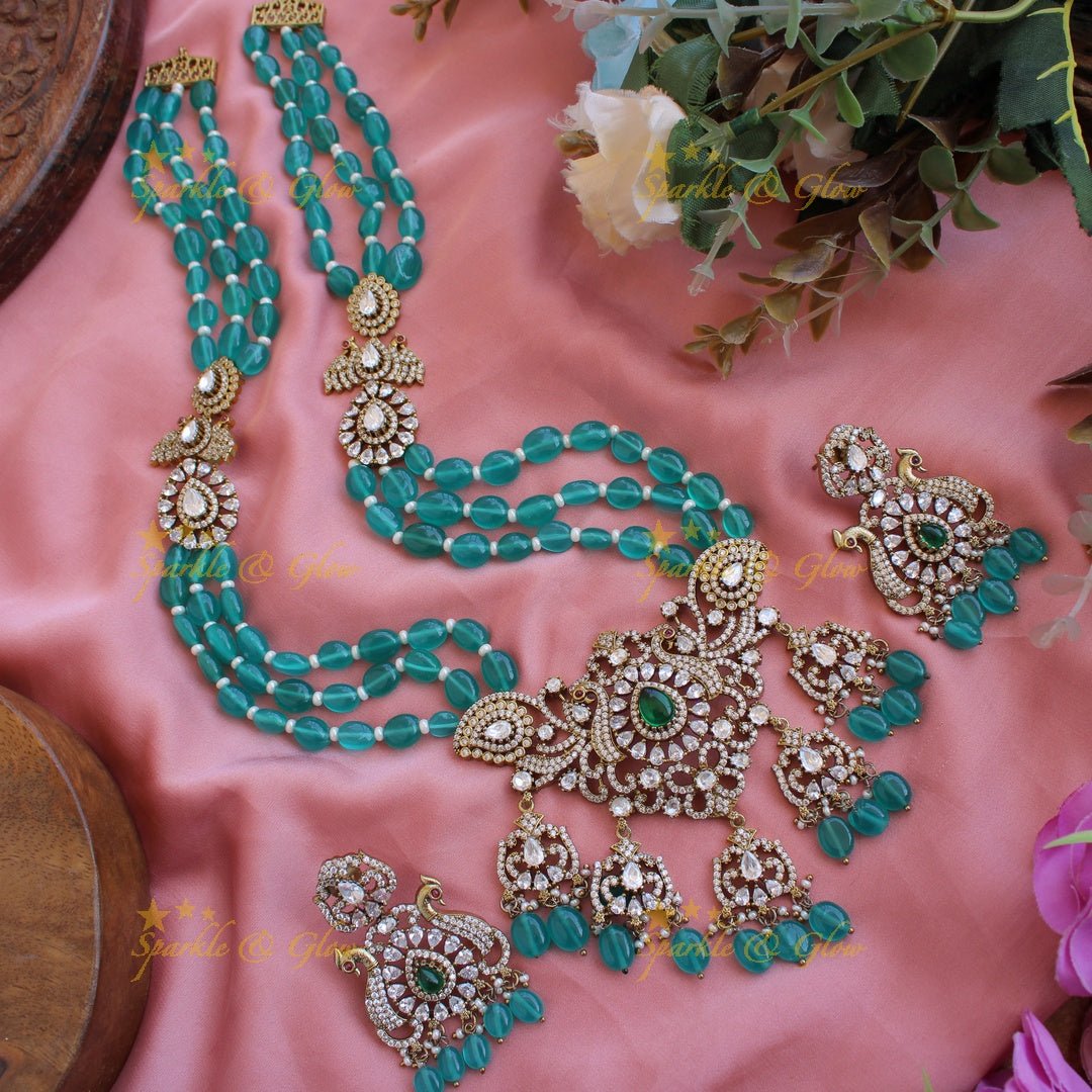Gorgeous Peacock design flower drops pendant Victorian AD haram with multi layer sea blue beads chain - Sparkle and Glow - Back Thread - 