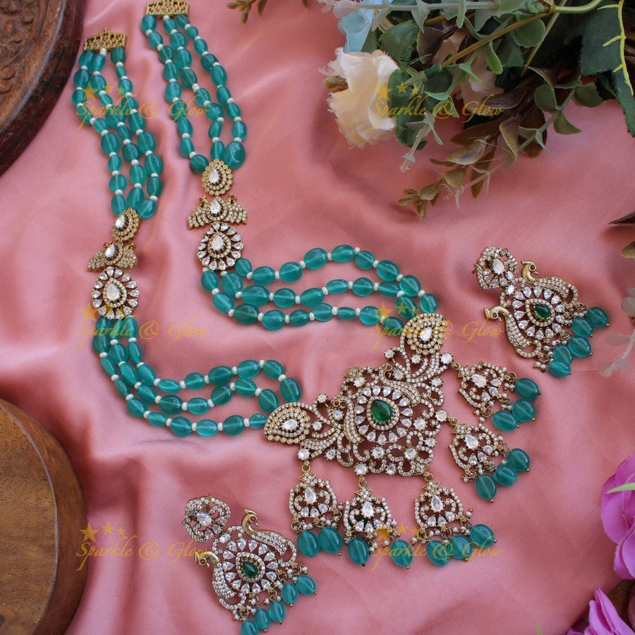 Gorgeous Peacock design flower drops pendant Victorian AD haram with multi layer sea blue beads chain - Sparkle and Glow - Back Thread - 