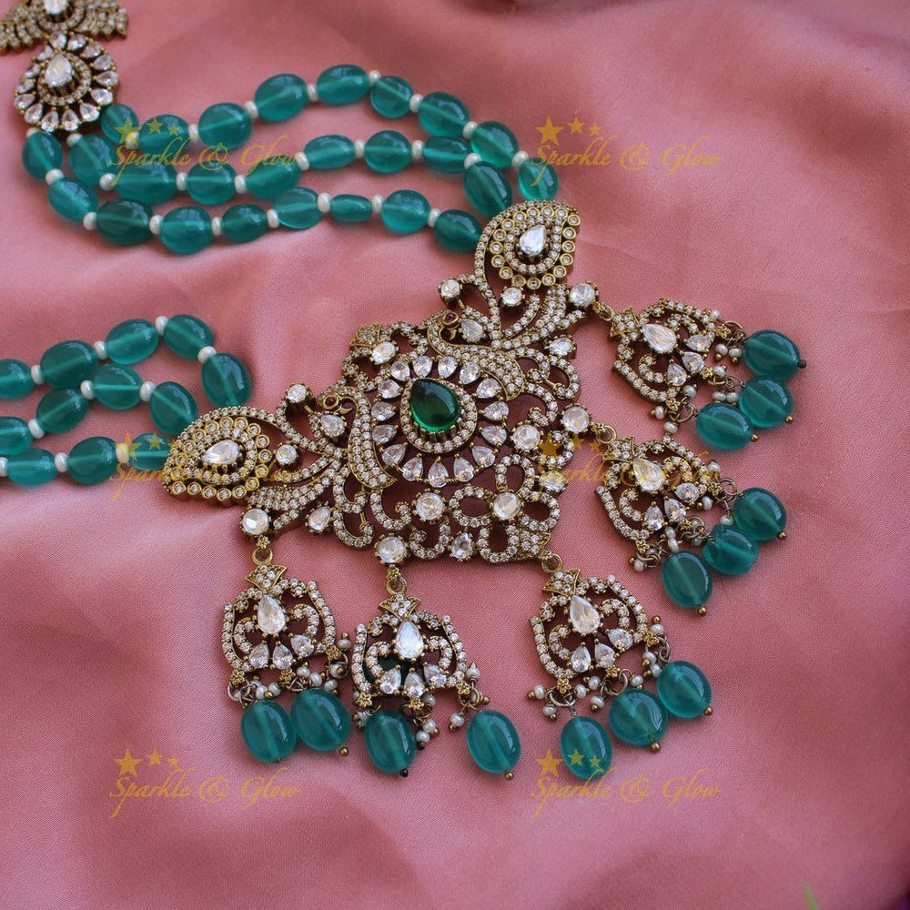 Gorgeous Peacock design flower drops pendant Victorian AD haram with multi layer sea blue beads chain - Sparkle and Glow - Back Thread - 