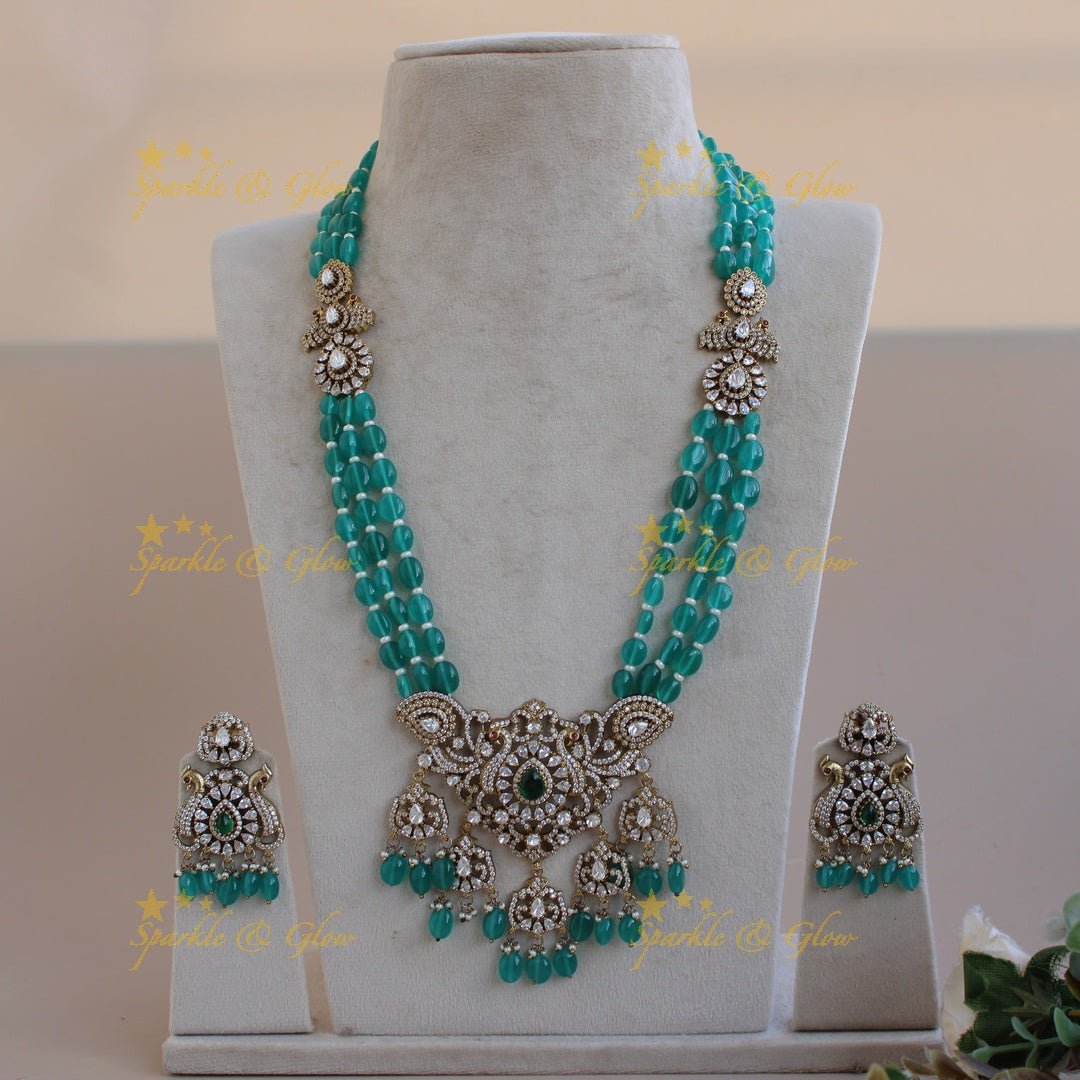 Gorgeous Peacock design flower drops pendant Victorian AD haram with multi layer sea blue beads chain - Sparkle and Glow - Back Thread - 