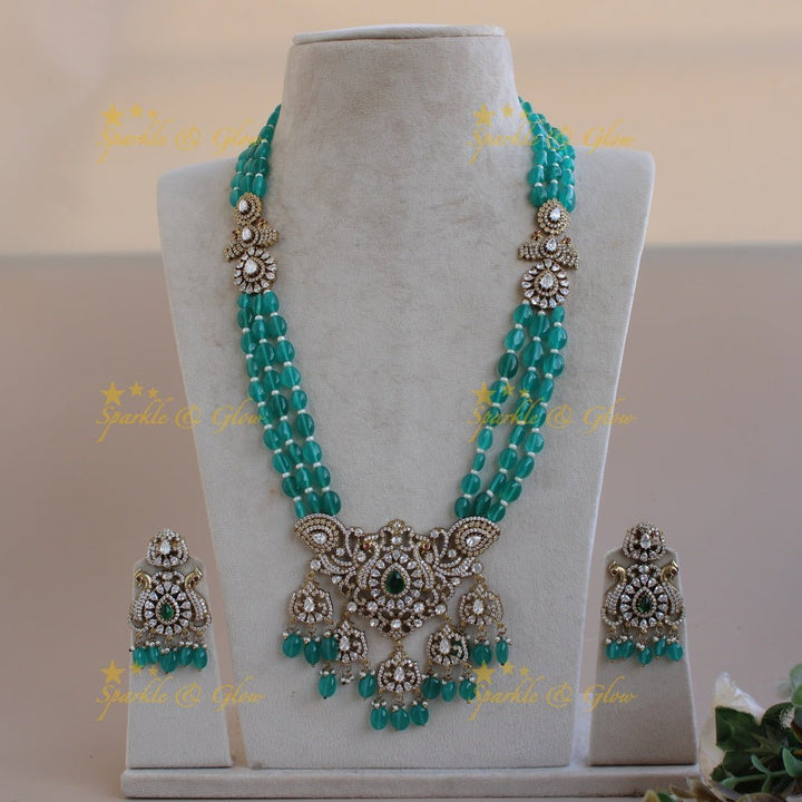 Gorgeous Peacock design flower drops pendant Victorian AD haram with multi layer sea blue beads chain - Sparkle and Glow - Back Thread - 