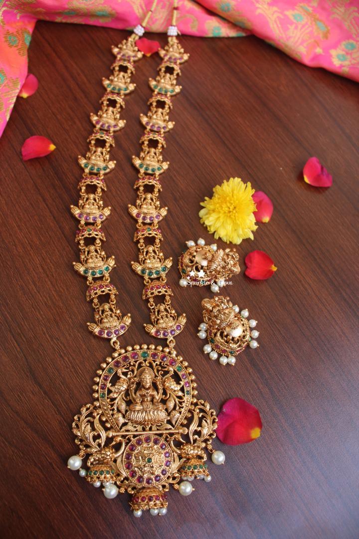 Real kemp stones premium quality matte elegant lakshmi haram - Multi - Sparkle and Glow