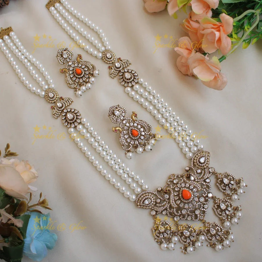Gorgeous Peacock design flower drops pendant Victorian AD haram with multi layer pearl chain - Sparkle and Glow