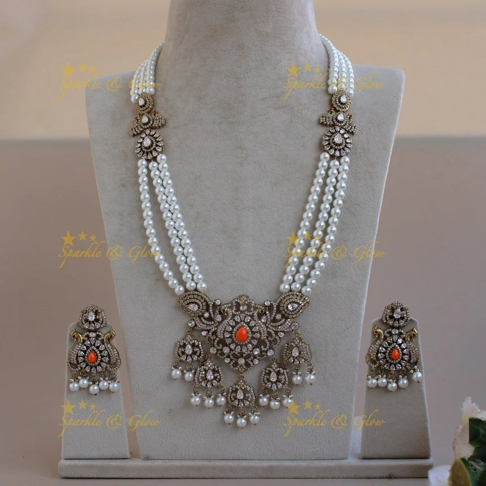 Gorgeous Peacock design flower drops pendant Victorian AD haram with multi layer pearl chain - Sparkle and Glow