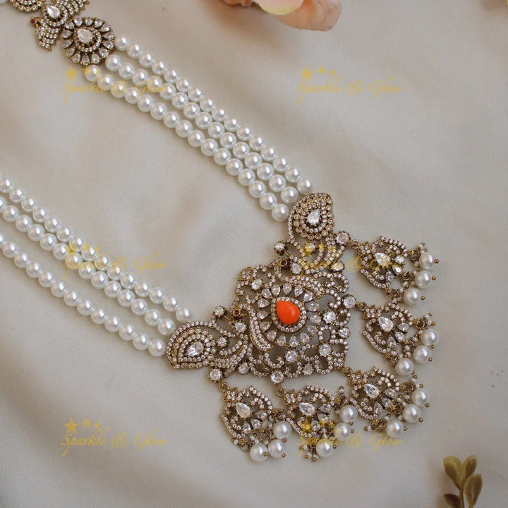 Gorgeous Peacock design flower drops pendant Victorian AD haram with multi layer pearl chain - Sparkle and Glow