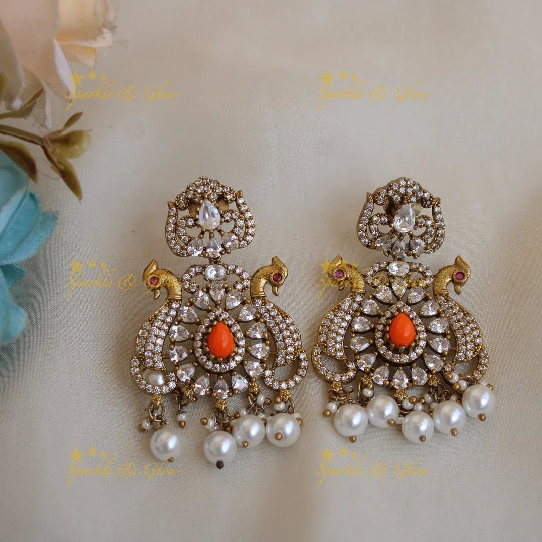 Gorgeous Peacock design flower drops pendant Victorian AD haram with multi layer pearl chain - Sparkle and Glow