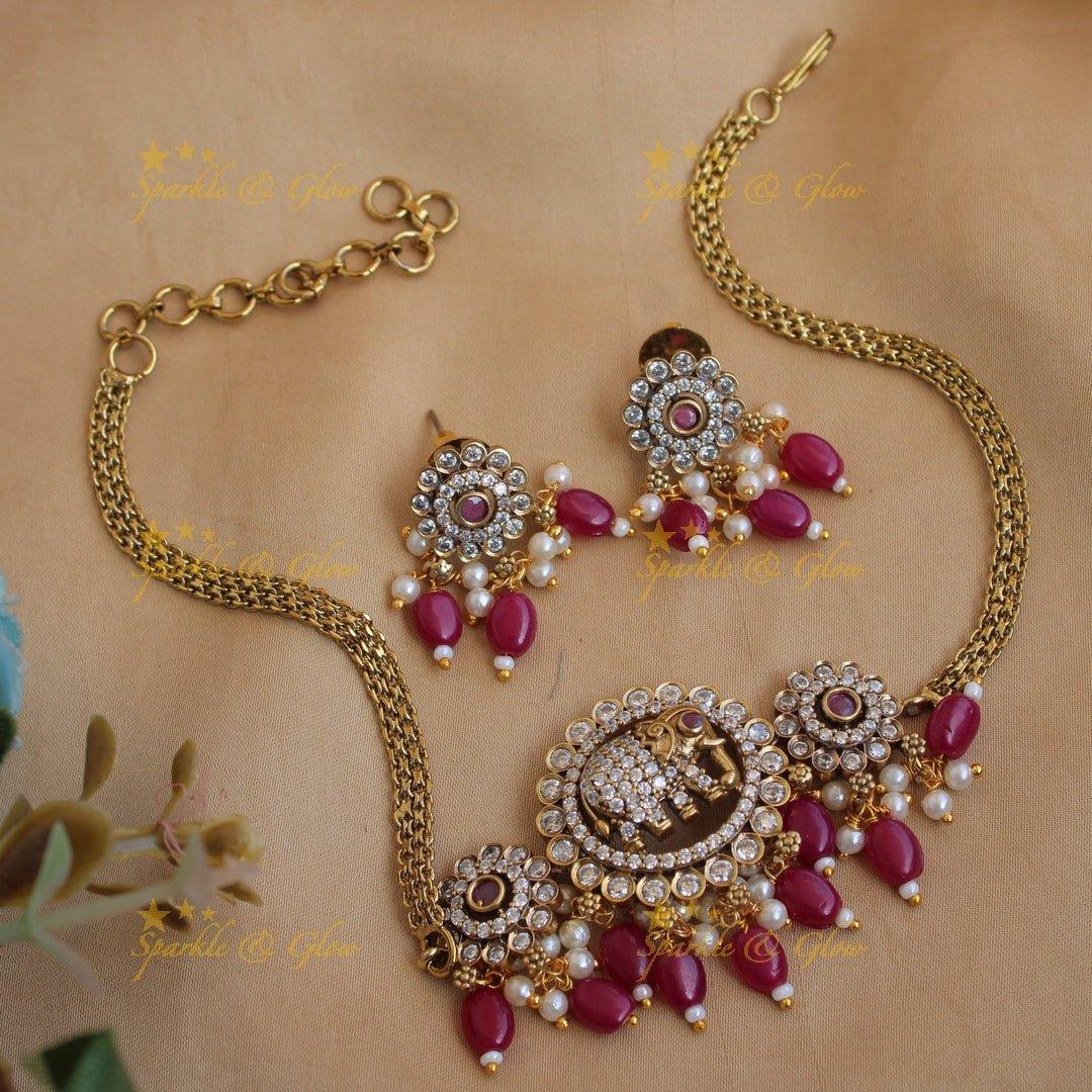 Statement Elephant floral design Victorian AD choker with maroon colour beads - Sparkle and Glow