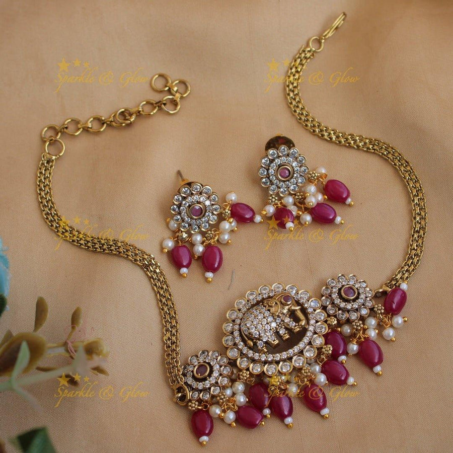 Statement Elephant floral design Victorian AD choker with maroon colour beads - Sparkle and Glow