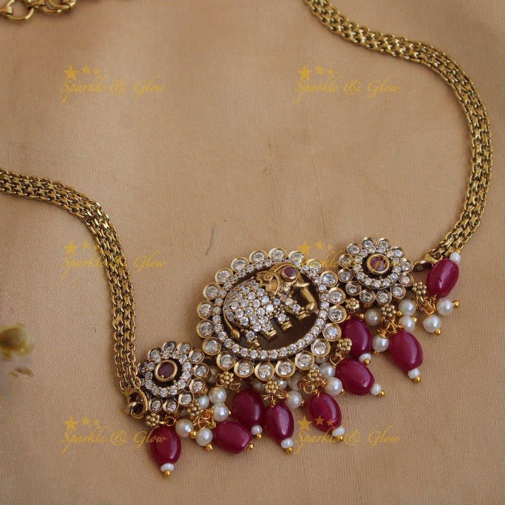 Statement Elephant floral design Victorian AD choker with maroon colour beads - Sparkle and Glow