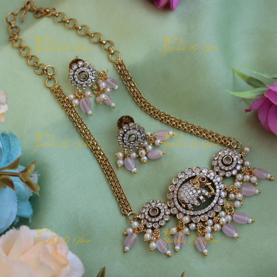 Statement Elephant floral design Victorian AD choker with baby pink beads - Sparkle and Glow