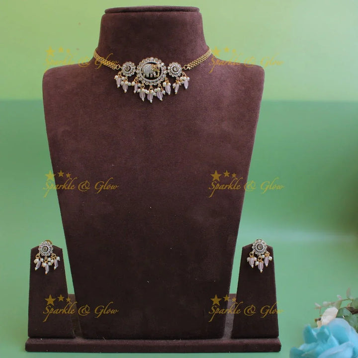 Statement Elephant floral design Victorian AD choker with baby pink beads - Sparkle and Glow