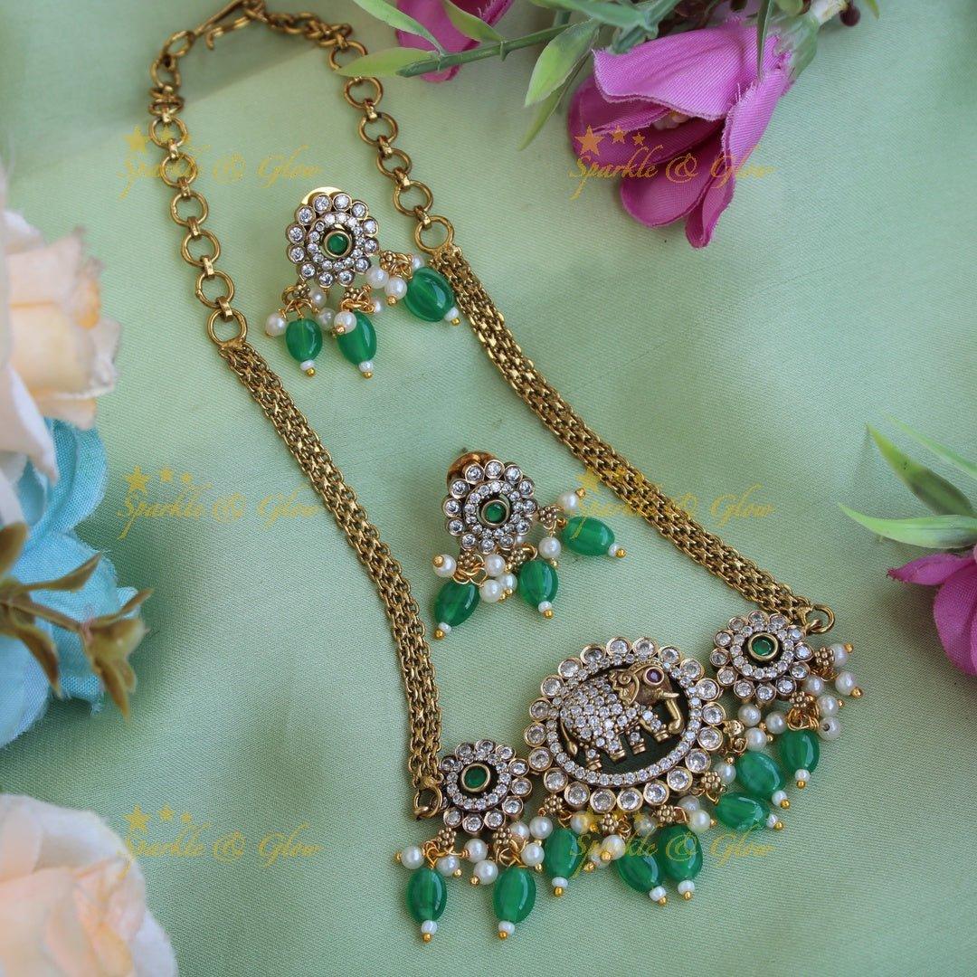 Statement Elephant floral design Victorian AD choker with green beads - Sparkle and Glow