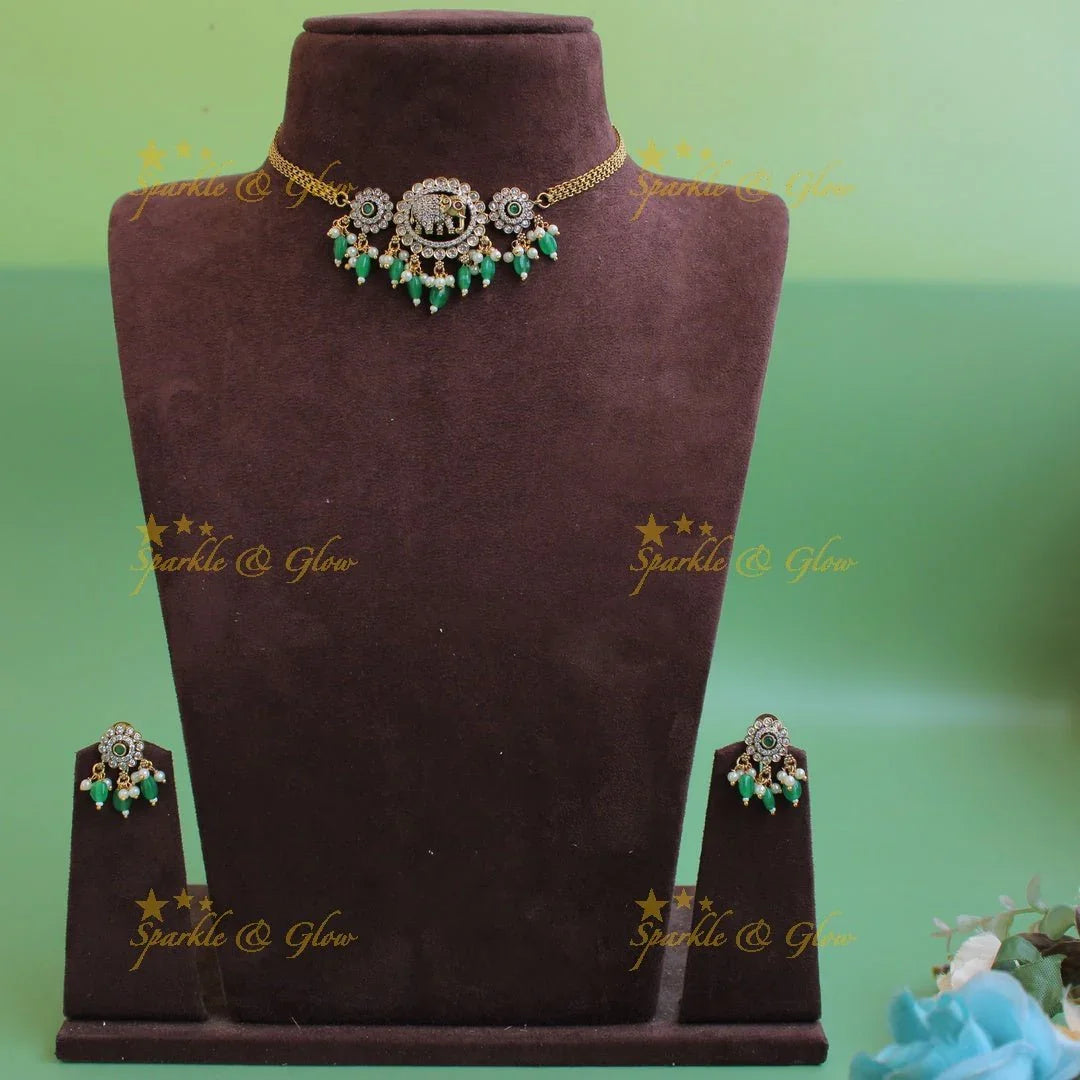 Statement Elephant floral design Victorian AD choker with green beads - Sparkle and Glow