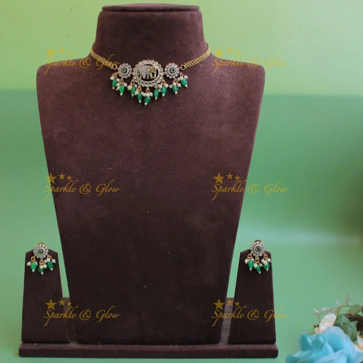Statement Elephant floral design Victorian AD choker with green beads - Sparkle and Glow