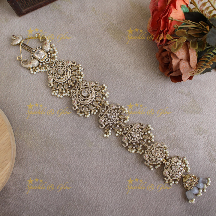 Gorgeous Elephant and floral design medium size victorian jadabilla with stones and beads - white
