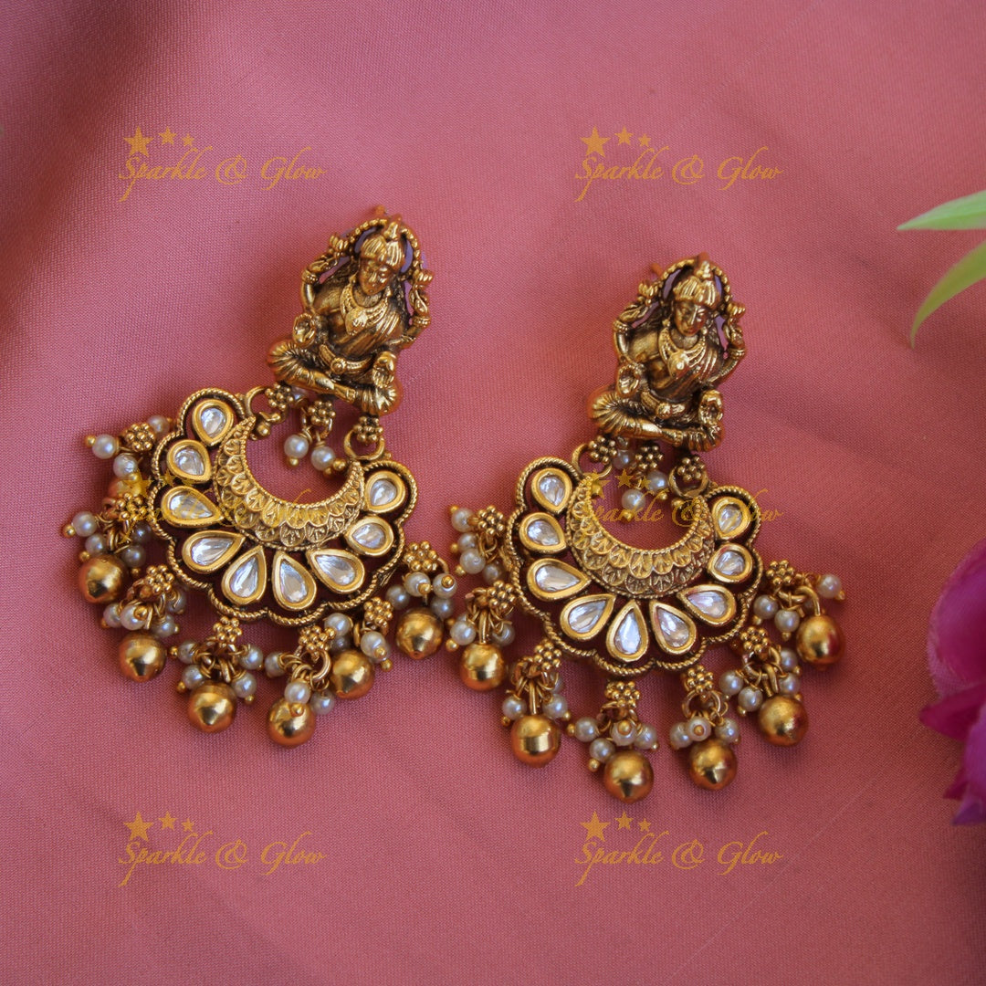 Elegant Lakshmi peacock carved jadau short necklace with gold beads and pearls - white1