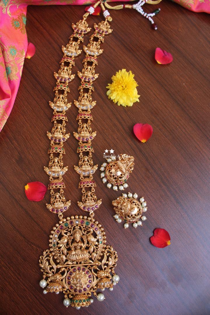 Real kemp stones premium quality matte elegant lakshmi haram - Multi - Sparkle and Glow