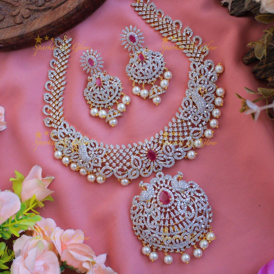 Sparkling Peacock floral American diamond short necklace with ruby and pearls - Sparkle and Glow