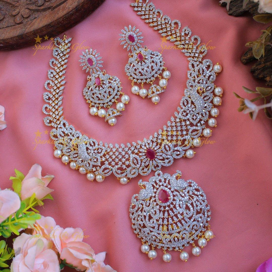 Sparkling Peacock floral American diamond short necklace with ruby and pearls - Sparkle and Glow