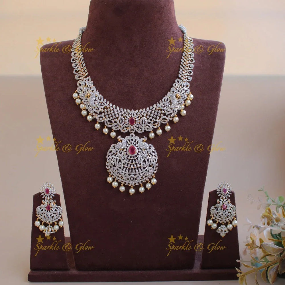 Sparkling Peacock floral American diamond short necklace with ruby and pearls - Sparkle and Glow