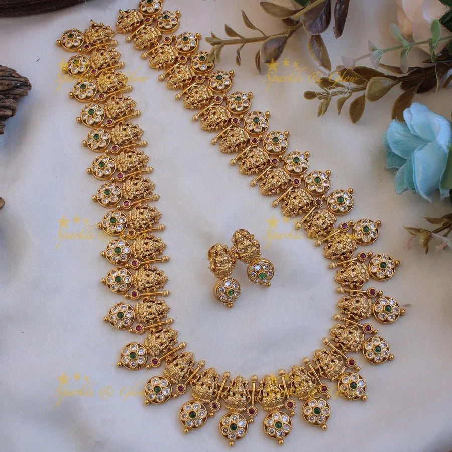 Statement Lakshmi bottu long necklace with emerald and white stones - Sparkle and Glow