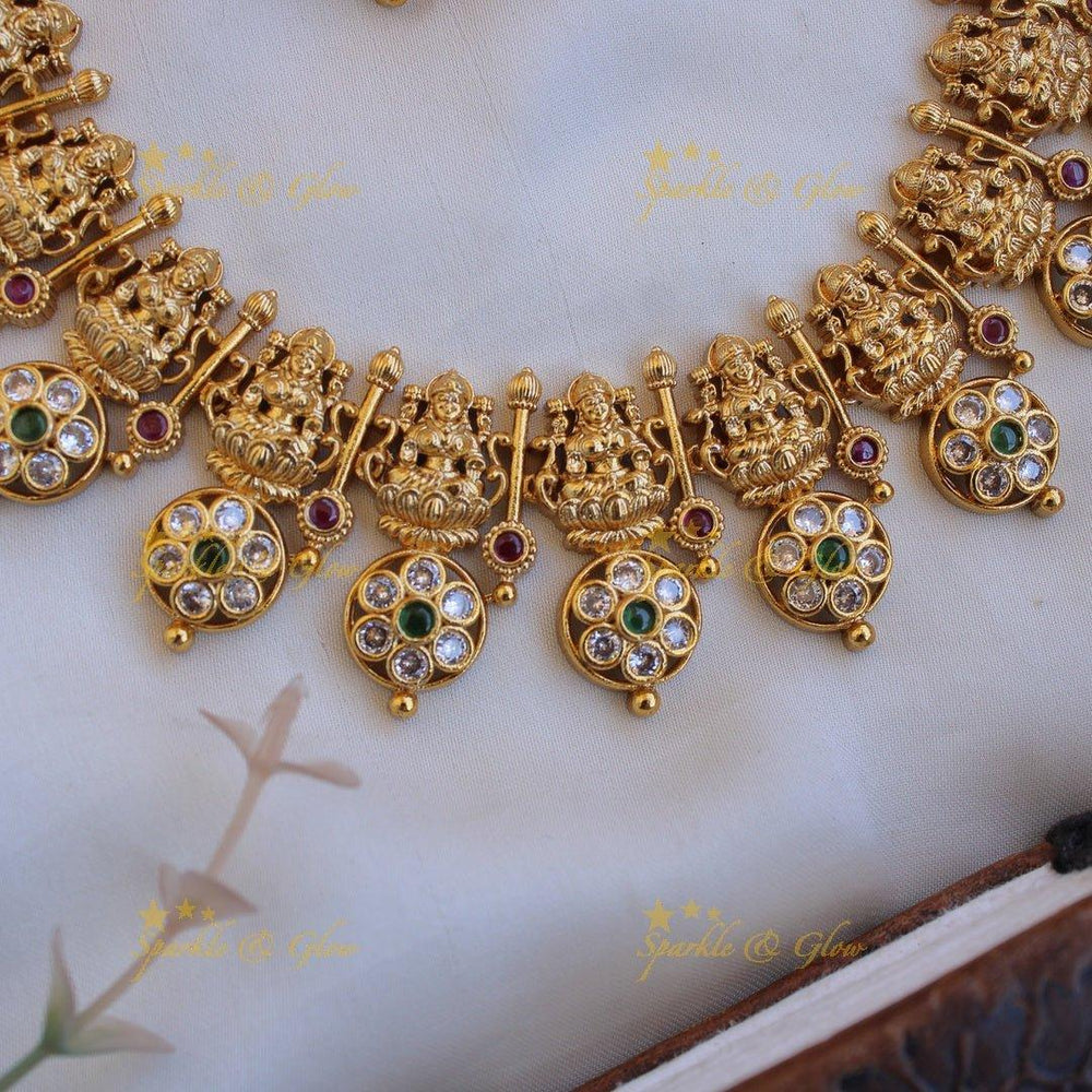Statement Lakshmi bottu long necklace with emerald and white stones - Sparkle and Glow