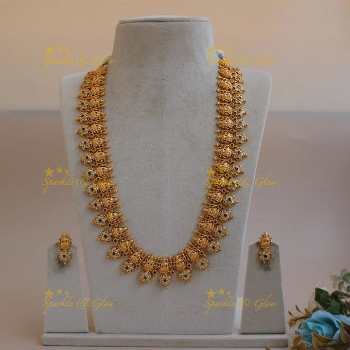 Statement Lakshmi bottu long necklace with emerald and white stones - Sparkle and Glow