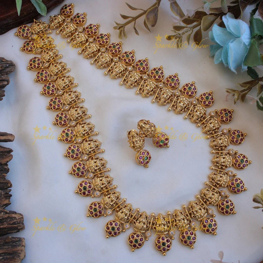 Statement Lakshmi bottu long necklace with ruby and emerald stones - Sparkle and Glow
