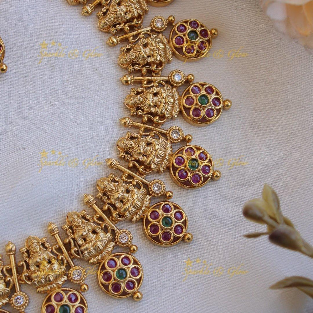 Statement Lakshmi bottu long necklace with ruby and emerald stones - Sparkle and Glow