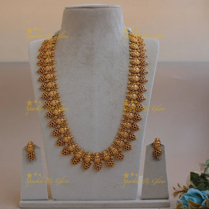 Statement Lakshmi bottu long necklace with ruby and emerald stones - Sparkle and Glow