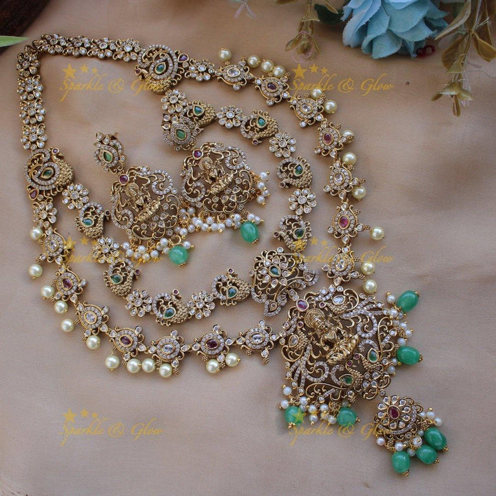 Stunning Lakshmi peacock floral design two layer long necklace with stones pearls and green beads - Sparkle and Glow