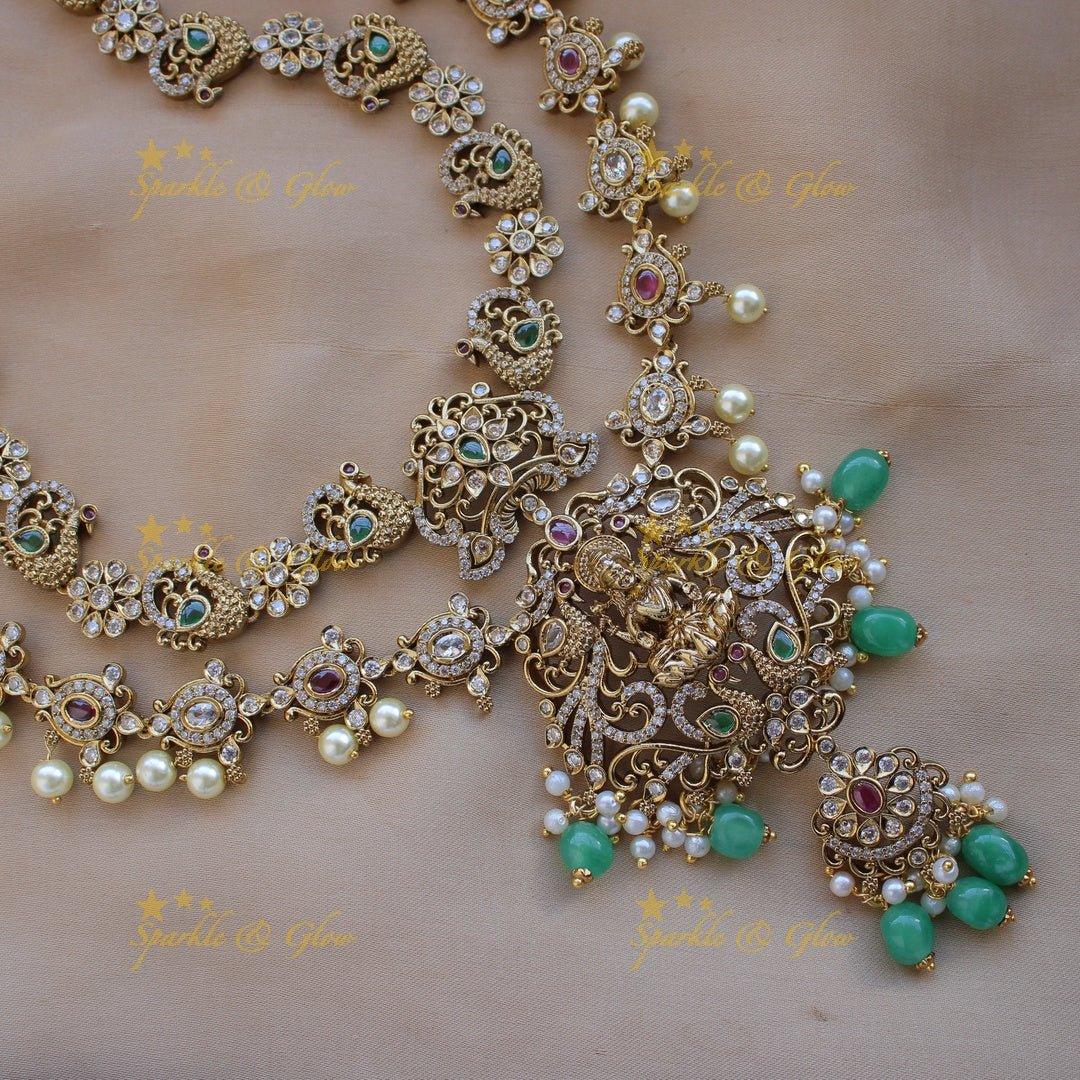 Stunning Lakshmi peacock floral design two layer long necklace with stones pearls and green beads - Sparkle and Glow