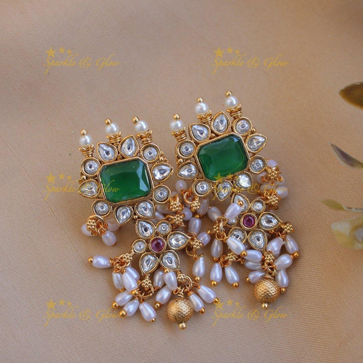 Exclusive floral design gutta pusalu long necklace with ruby emerald white stones and rice pealrs - Sparkle and Glow
