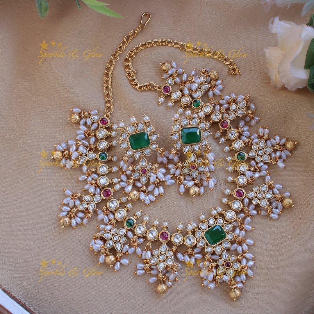 Statement floral design gutta pusalu short necklace with ruby emerald white stones and rice pealrs - Sparkle and Glow