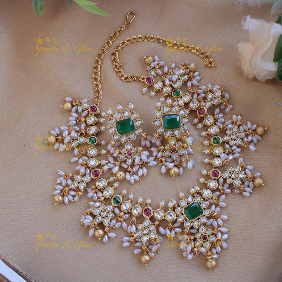 Statement floral design gutta pusalu short necklace with ruby emerald white stones and rice pealrs - Sparkle and Glow