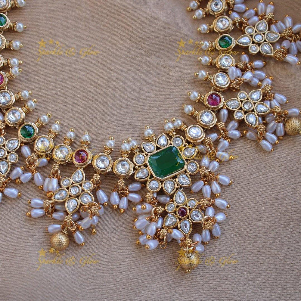 Statement floral design gutta pusalu short necklace with ruby emerald white stones and rice pealrs - Sparkle and Glow