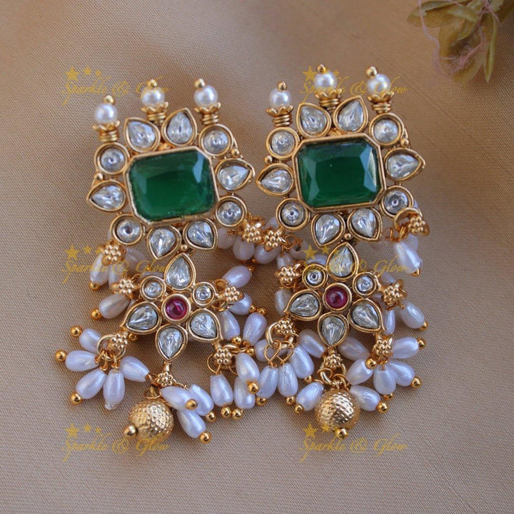 Statement floral design gutta pusalu short necklace with ruby emerald white stones and rice pealrs - Sparkle and Glow