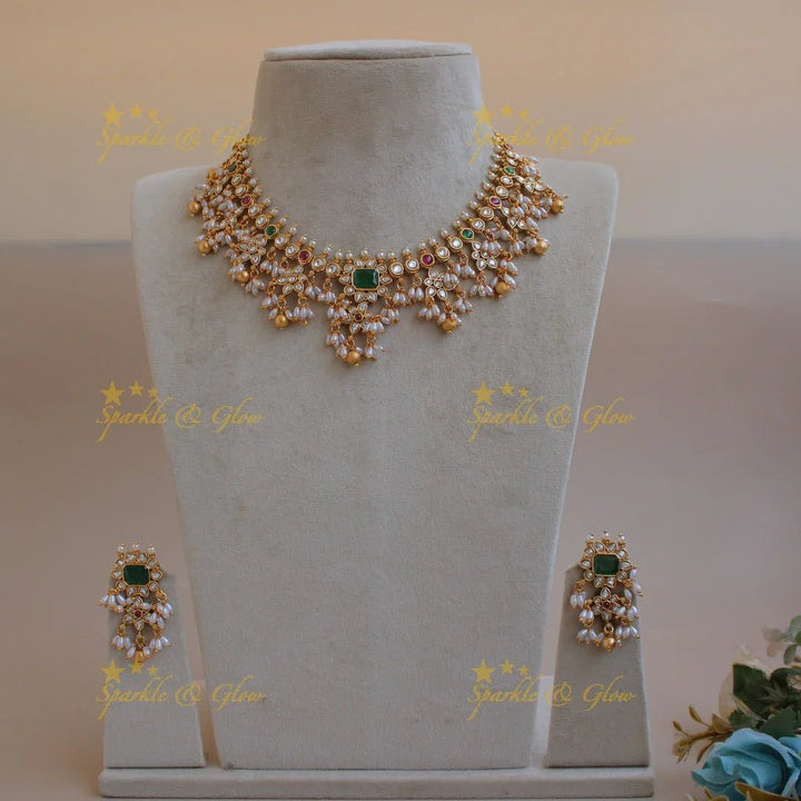 Statement floral design gutta pusalu short necklace with ruby emerald white stones and rice pealrs - Sparkle and Glow