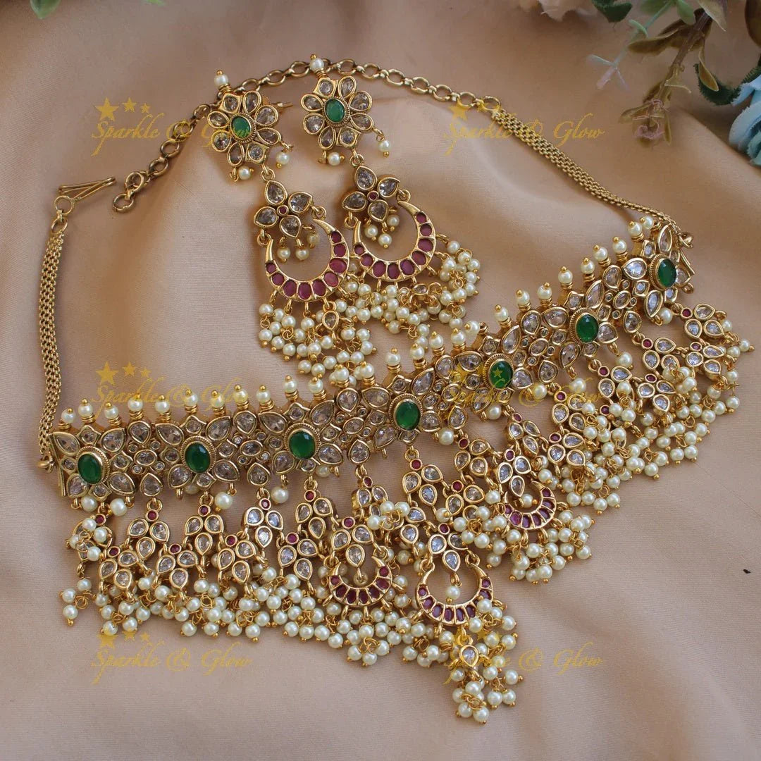 Gorgeous Floral half moon design high neck choker with with ruby emerald white stones - Sparkle and Glow