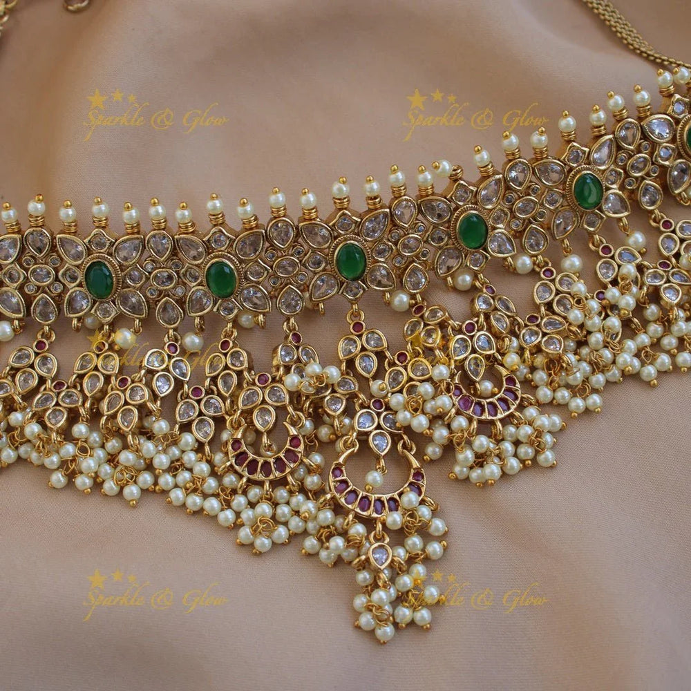 Gorgeous Floral half moon design high neck choker with with ruby emerald white stones - Sparkle and Glow
