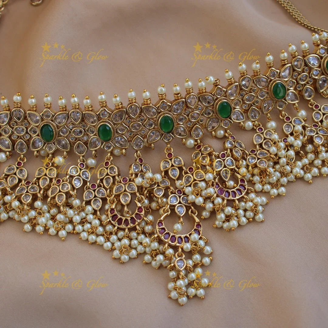 Gorgeous Floral half moon design high neck choker with with ruby emerald white stones - Sparkle and Glow