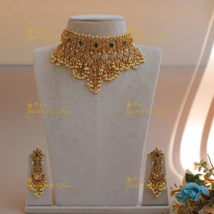 Gorgeous Floral half moon design high neck choker with with ruby emerald white stones - Sparkle and Glow