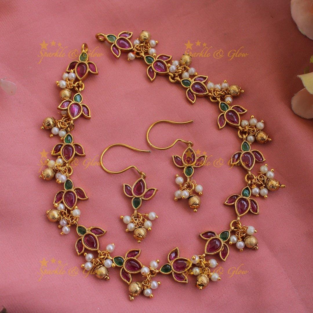 Elegant Lotus short necklace with ruby emerald pearls and gold beads - Sparkle and Glow
