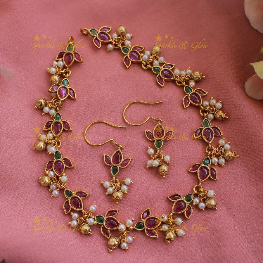 Elegant Lotus short necklace with ruby emerald pearls and gold beads - Sparkle and Glow