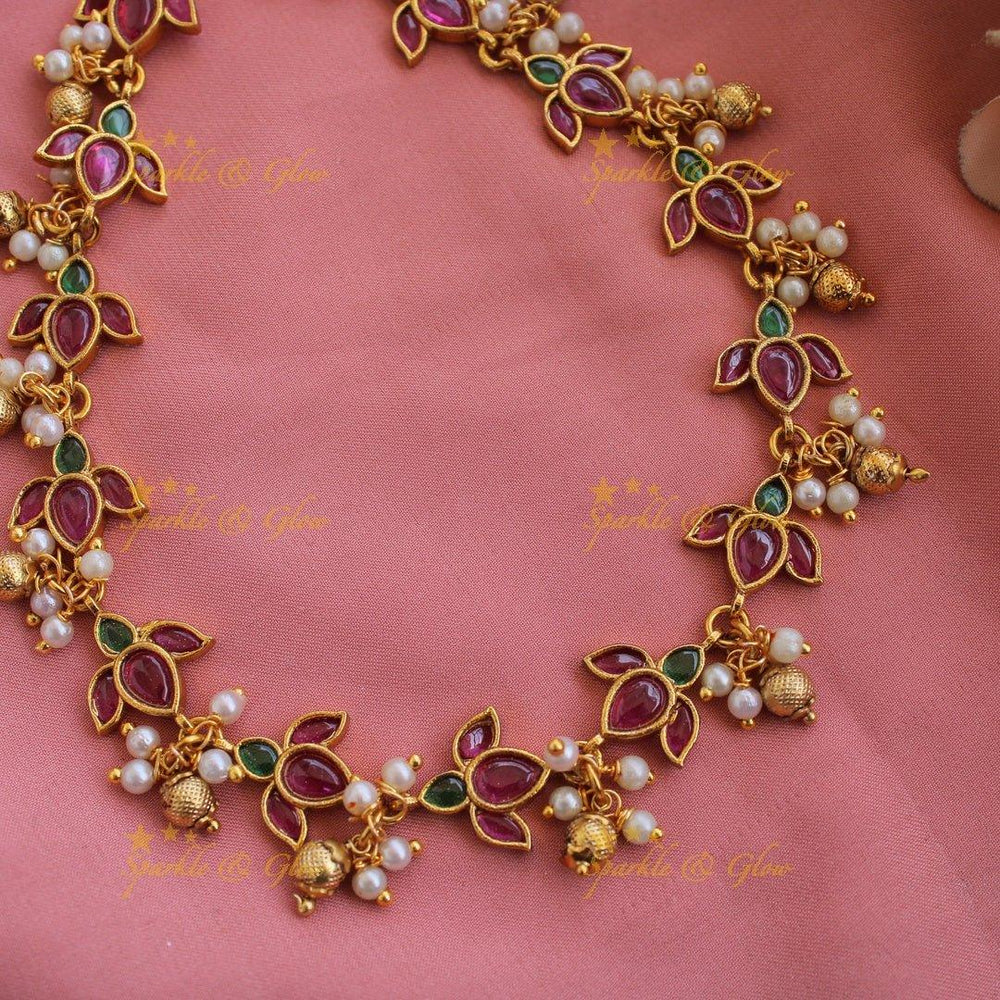 Elegant Lotus short necklace with ruby emerald pearls and gold beads - Sparkle and Glow