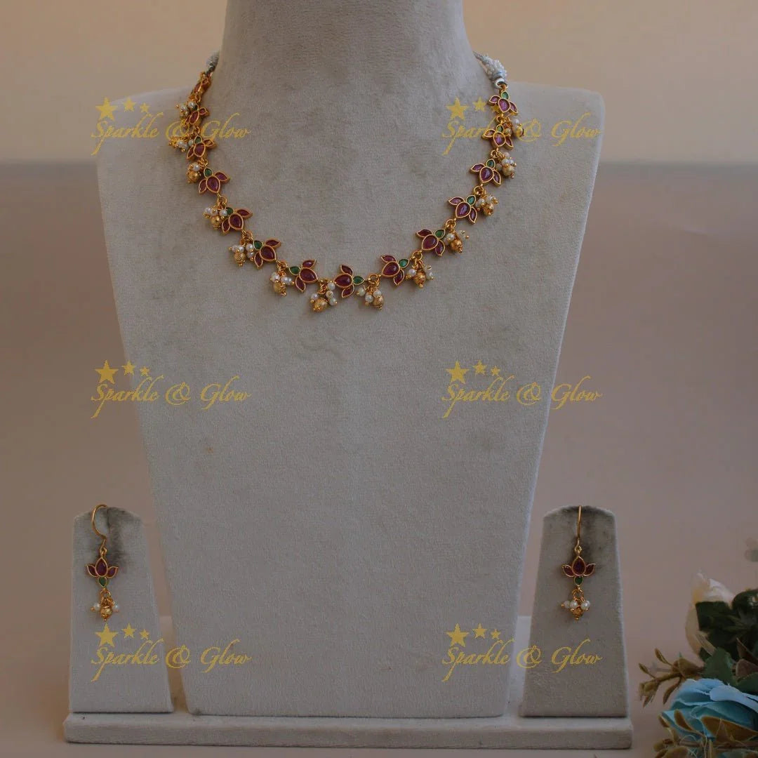 Elegant Lotus short necklace with ruby emerald pearls and gold beads - Sparkle and Glow