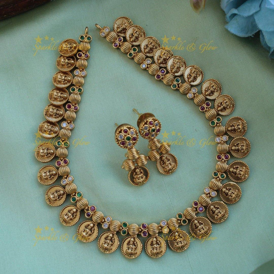 Gold alike Lakshmi coin short necklace with ruby emerald and white stones - Sparkle and Glow